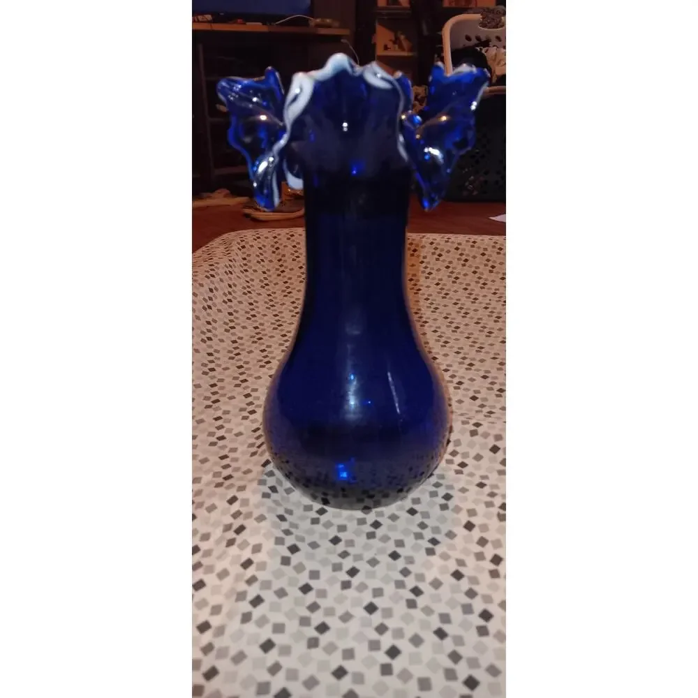Vintage Deep Cobalt Blue Vase with Scalloped Crimped Ruffled Top Edge 8”